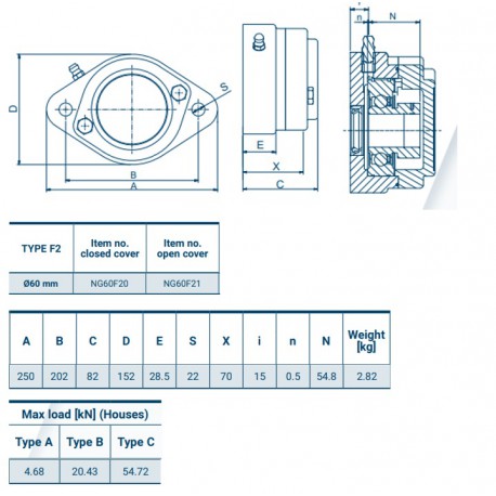 Ø60 - F2 - Flange bearing with stainless steel bearing, open cover