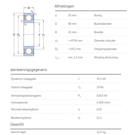 SKF Groefkogellager 6307-2RS1