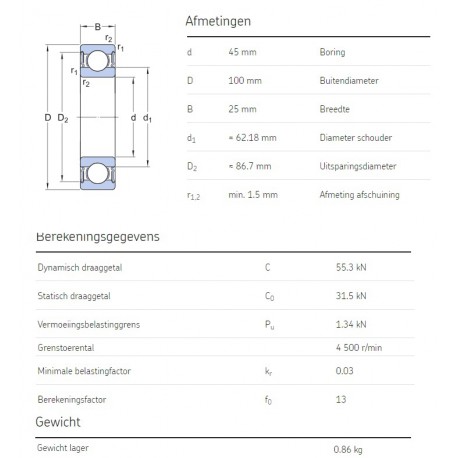 SKF Groefkogellager 6309-2RS1