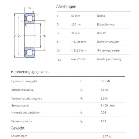 SKF Groefkogellager 6312-2RS1