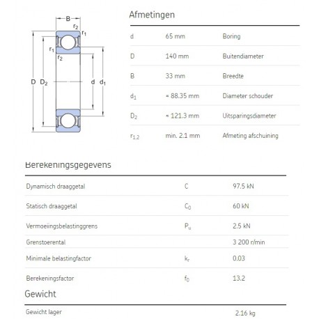 SKF Groefkogellager 6313-2RS1