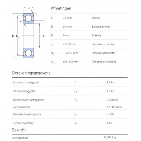 SKF Groefkogellager 61802-2RS1