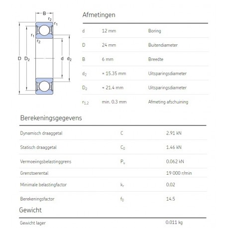 SKF Groefkogellager 61901-2RS1