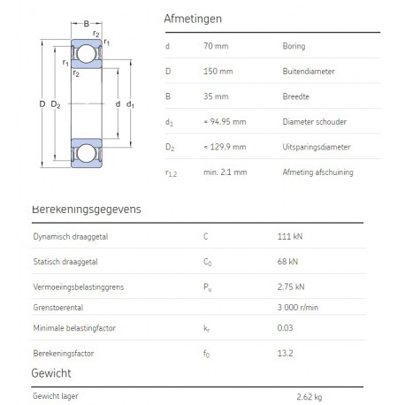 SKF Groefkogellager 6314-2RS1