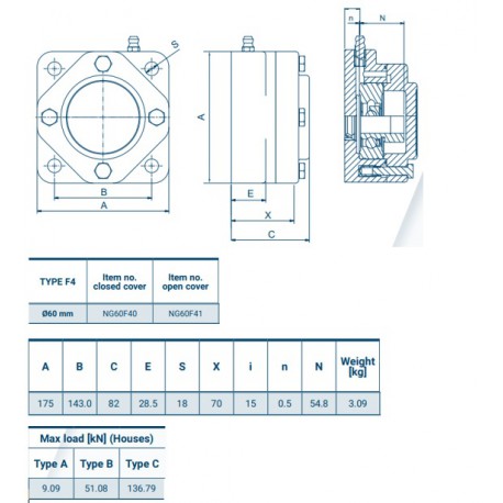 Ø60 - F4 - Flange bearing with stainless steel bearing, open cover