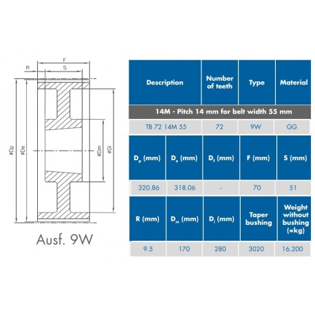 TL-Tandriemschijf 72-14M-55 9W 3020