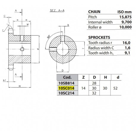 Kettingwiel 10B-1 14T-H 30H7+++ (spiebaan+2xtap)
