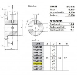 Kettingwiel 10B-1 15T-H 30H7+++ (spiebaan+2xtap)