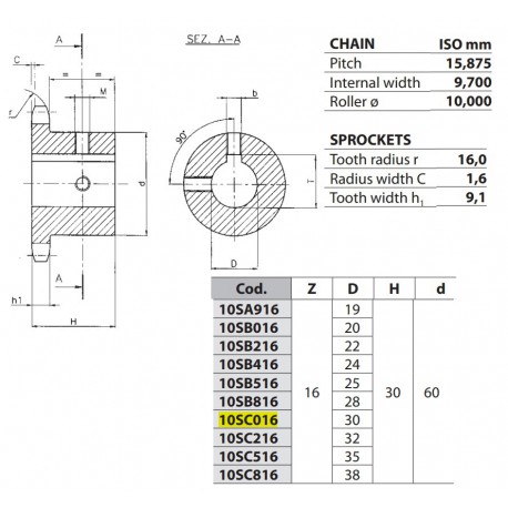 Kettingwiel 10B-1 16T-H 30H7+++ (spiebaan+2xtap)