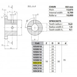 Kettingwiel 10B-1 18T-H 30H7+++ (spiebaan+2xtap)
