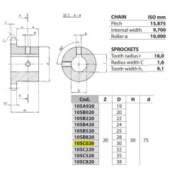 Kettingwiel 10B-1 20T-H 30H7+++ (spiebaan+2xtap)