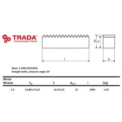 Tandheugel RVS Moduul 1.5 15x15 L=1000mm