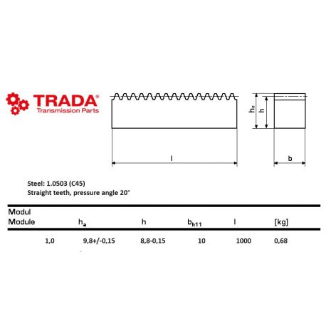 Tandheugel staal moduul 1 10X10 L1000mm