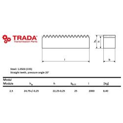 Tandheugel staal moduul 2.5 25X25 L=2000mm
