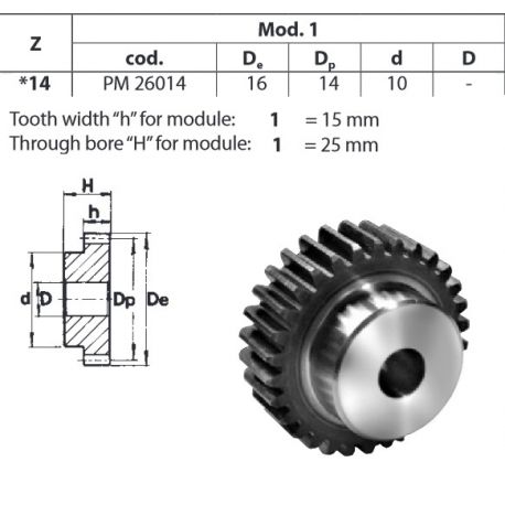 Tandwiel Moduul 1 14T-H met naaf