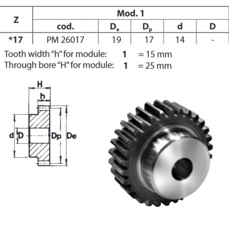 Tandwiel Moduul 1 17T-H met naaf