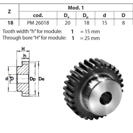 Tandwiel Moduul 1 18T-H met naaf