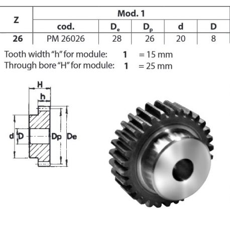 Tandwiel Moduul 1 26T-H met naaf