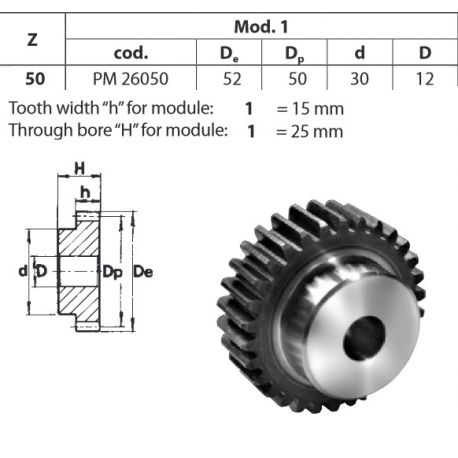 Tandwiel Moduul 1 50T-H met naaf