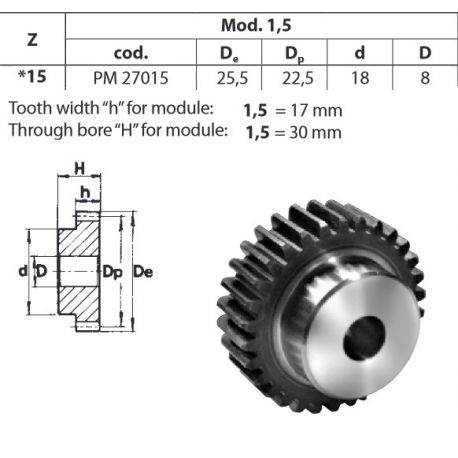 Tandwiel Moduul 1.5 15T-H met naaf