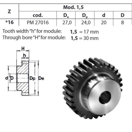 Tandwiel Moduul 1.5 16T-H met naaf