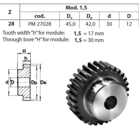 Tandwiel Moduul 1.5 28T-H met naaf