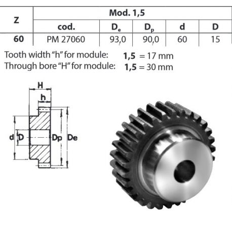 Tandwiel Moduul 1.5 60T-H met naaf