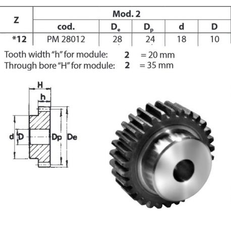 Tandwiel Moduul 2 12T-H met naaf