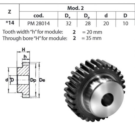 Tandwiel Moduul 2 14T-H met naaf