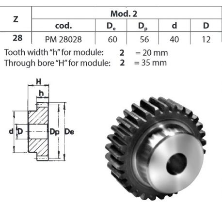 Tandwiel Moduul 2 28T-H met naaf