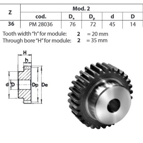 Tandwiel Moduul 2 36T-H met naaf