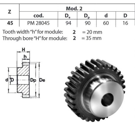 Tandwiel Moduul 2 45T-H met naaf