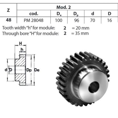 Tandwiel Moduul 2 48T-H met naaf