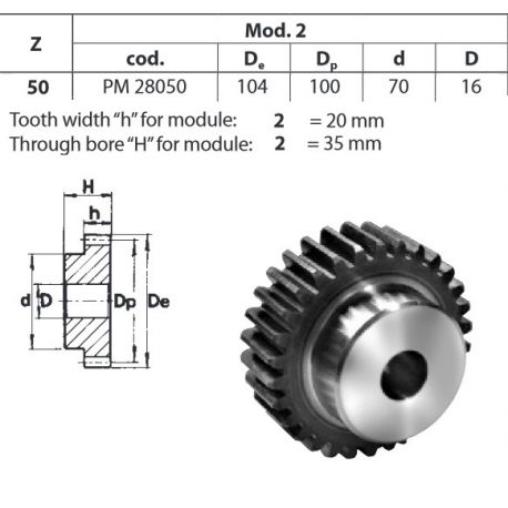 Tandwiel Moduul 2 50T-H met naaf