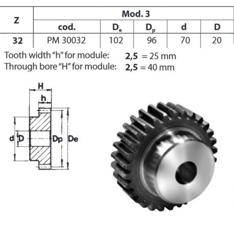 Tandwiel Moduul 3 32T-H met naaf