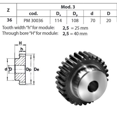 Tandwiel Moduul 3 36T-H met naaf