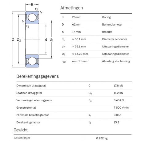 SKF Groefkogellager W6305-2RS1