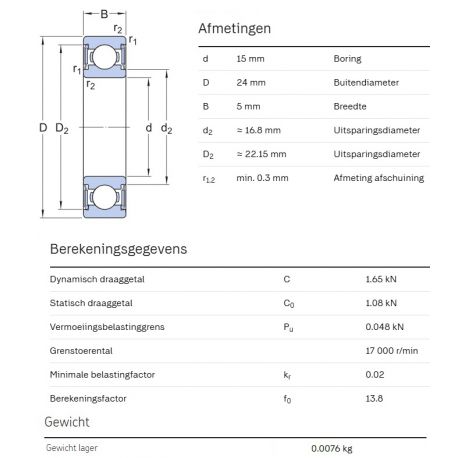 SKF Groefkogellager W61802-2RS1