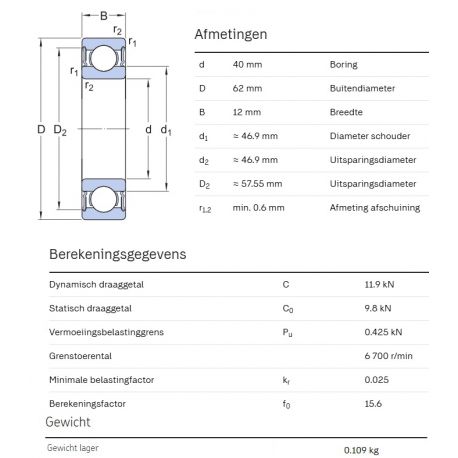 SKF Groefkogellager W61908-2RS1