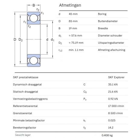 SKF Groefkogellager 6209-2Z