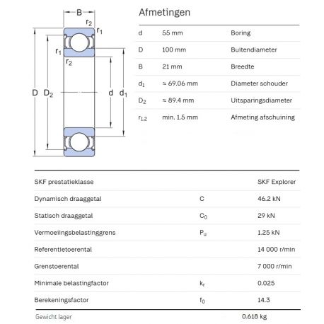 SKF Groefkogellager 6211-2Z