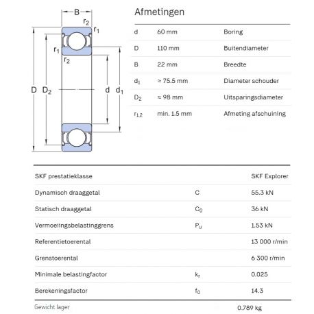 SKF Groefkogellager 6212-2Z