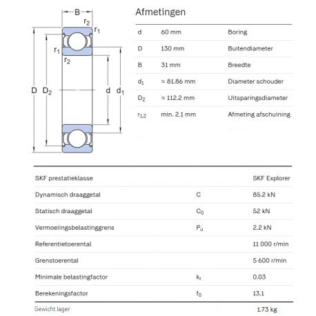 SKF Groefkogellager 6312-2Z