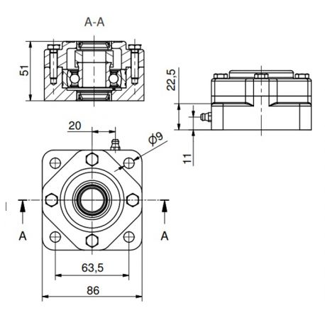 Ø20 - F4 - Flange bearing with stainless steel bearing, open cover, blue