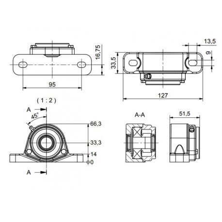 Ø20 - SF2 - Pillow block bearing with stainless steel bearing, open cover, blue