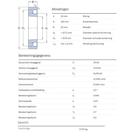 SKF Zelfinstellend kogellager 2211 EKTN9