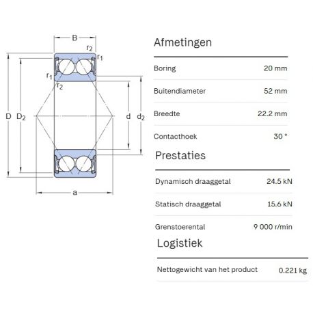 SKF Hoekcontactlager 3304 A-2RS1TN9/MT33