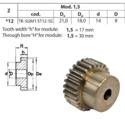 Tandwiel RVS Moduul 1.5 12T met naaf