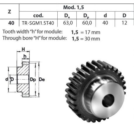 Tandwiel Moduul 1.5 40T-H met naaf