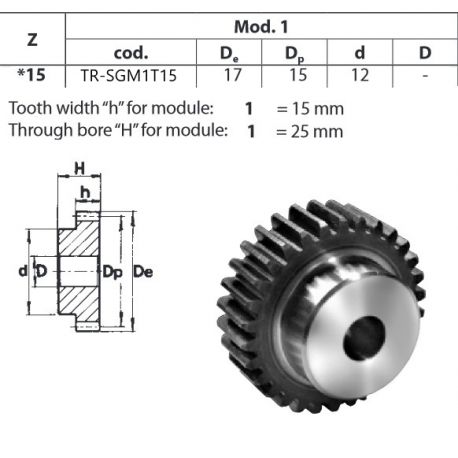 Tandwiel Moduul 1 15T-H met naaf